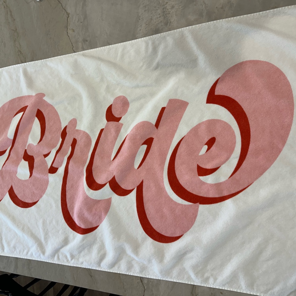 Ford White Beach Towel with Pink and Red 'Bride' Script